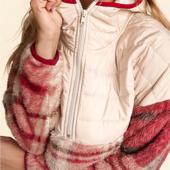 Taupe & Pink Half-Zip Plaid Hooded Sherpa Fleece & Puffer Winter Woman  Pullover - Picture 11 of 16